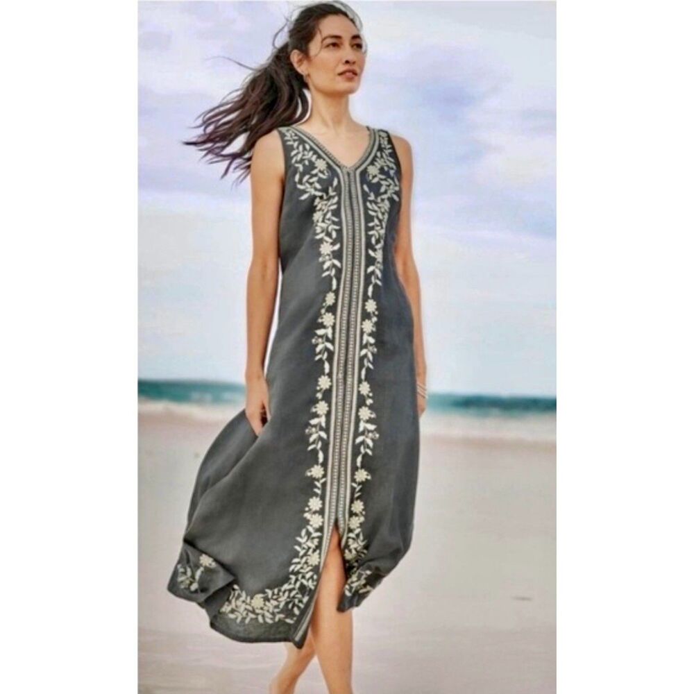 J. Jill maxi dress luxurious 100% linen embroidered bohemian lagenlook women XL